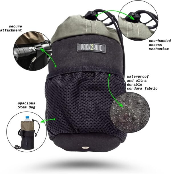Bongo Bike Handlebar Bag - Water Resistant, Durable Cordura Fabric & Bicycle Large Water Bottle Holder - Front Biking Storage, Bikepacking Stem Bag for Cycling Travels (Black) - Image 3