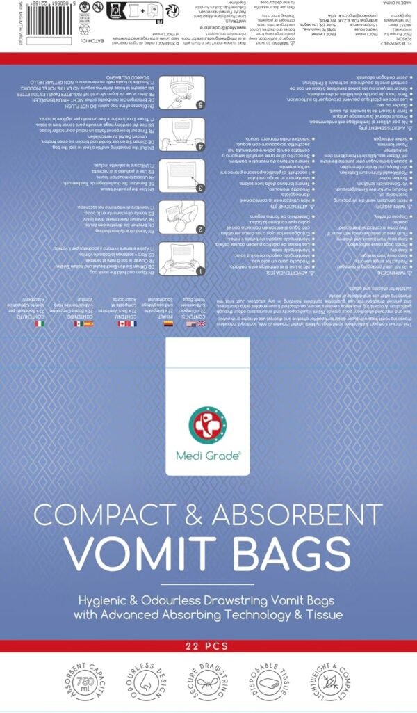 Medi Grade Absorbent Vomit Bags Disposable for Adults and Kids, 22pcs - Travel Essentials Leakproof Barf Bags with Tissues Turn Vomit to Gel and Prevent Odor - Purse Essential Travel Size Sick Bags - Image 3