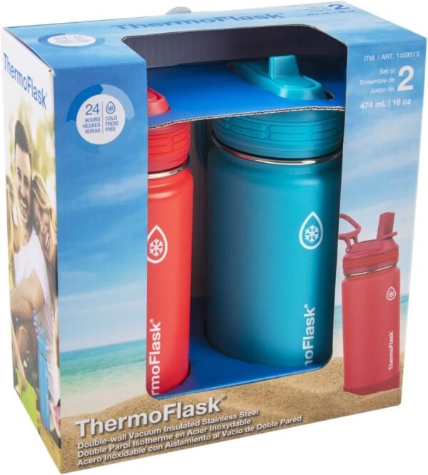 ThermoFlask 16 oz Double Wall Vacuum Insulated Stainless Steel 2-Pack of Water Bottles, Red/Blue - Image 2