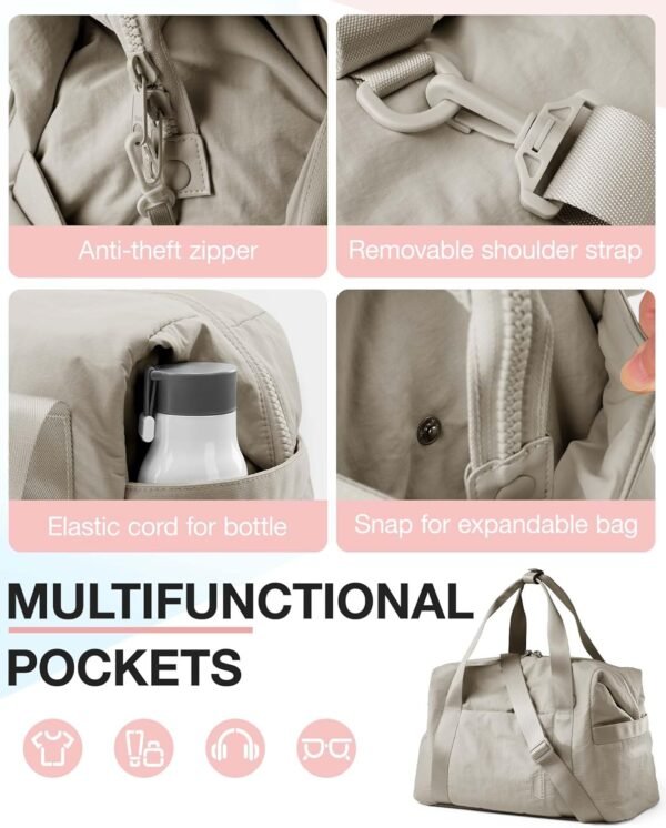 BAGSMART BAGSMART Gym Bag for Women, Carry on Weekender Overnight Bag, Travel Duffel Bags with Trolley Sleeve, Personal Item Travel Bag Tote Bag Workout Dance Bag, Beige-34L - Image 4