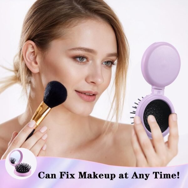 2Pcs Folding Brush with Mirror Travel Size Hair Brush Round Mirror Pocket Hair Brush Portable Pop Hairbrush for Women Travel Purse Small Compact Hair Massage Comb(Pink, Purple) - Image 6