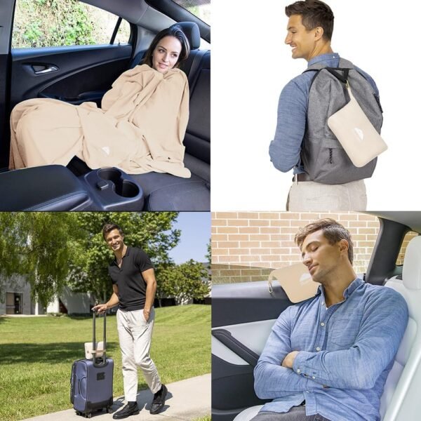 BlueHills Travel Blanket Pillow Compact Lightweight Pocket Size Airplane Traveling Essential Flight Trip Throw in Bag Portable Case Plane Accessory Beige L06 - Image 2
