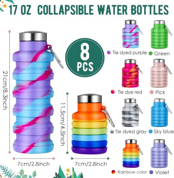 Lallisa 8 Pcs Collapsible Water Bottles Bulk Reusable Silicone Foldable Water Bottles 17 oz Portable Lightweight Sports Water Bottle with Carabiner for Gym Hiking Camping Travel(Mixed Colors) - Image 2