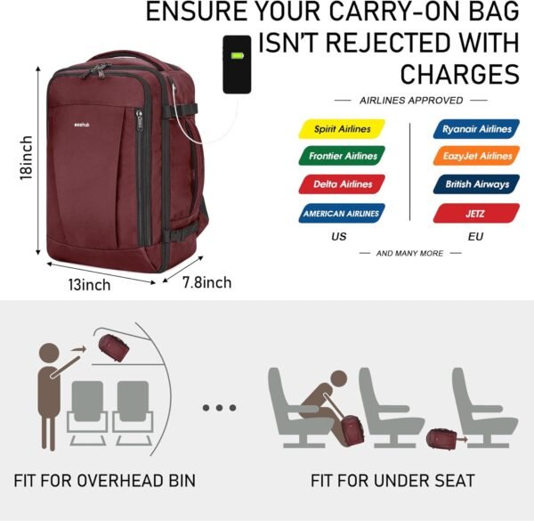 ECOHUB Travel Backpack 18x14x8 Spirit Airlines Personal Item Bag Carry On Backpack 13 Pockets Large Work Casual Daypack for men Airline Approved Waterproof Gym Backpack with Charging Port, Red - Image 2