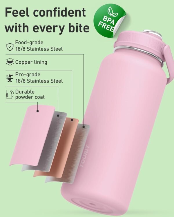 TOURIT 32 oz Insulated Water Bottle, Stainless Steel Sports Water Bottles With Top Handle, Double-Wall Travel Thermal Water Flask, BPA Free Leakproof Thermos Bottle for Sports and Travel,Pink - Image 2
