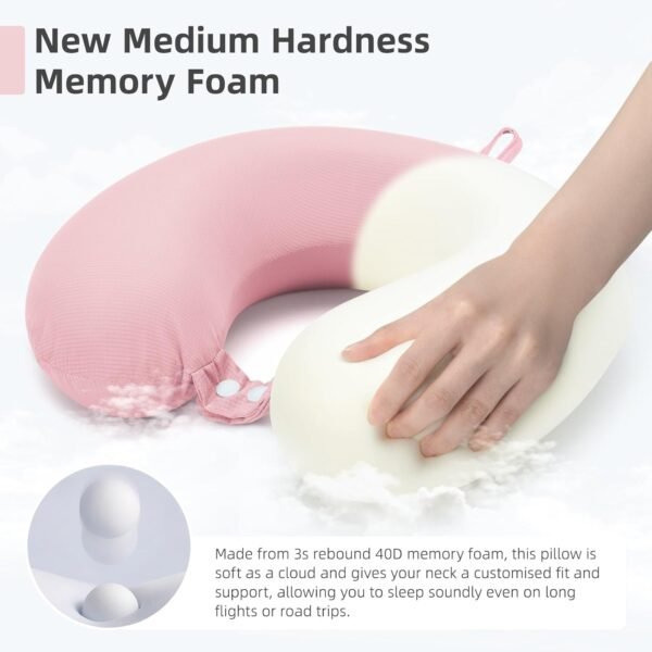 Travel Pillow, Cooling Neck Pillow Airplane Memory Foam with Sleep Mask Earplugs, Soft & Support Airplane Pillow for Travelling Plane Car Train Home Use, Pink - Image 3