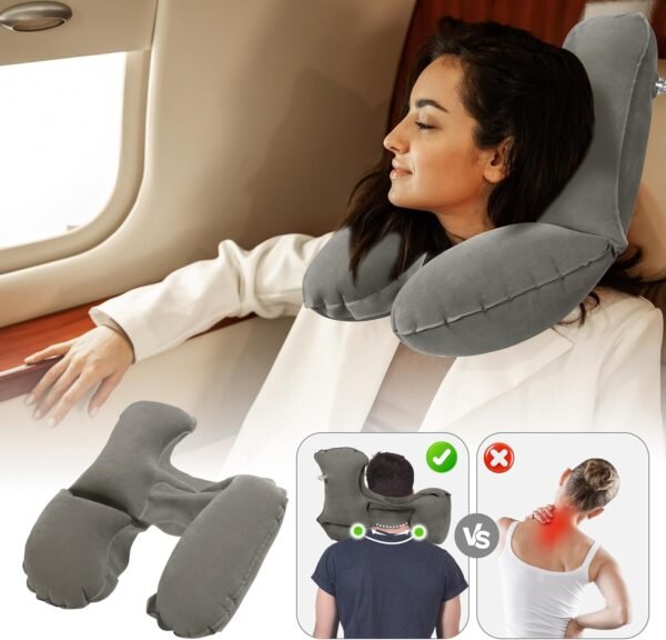 MABOZOO Inflatable Travel Neck Pillow, Portable Blow up Neck Pillow for Chin, Head Support Soft Velvet Airplane Pillow for Sleeping,Traveling,Train, Car, Office - Image 4