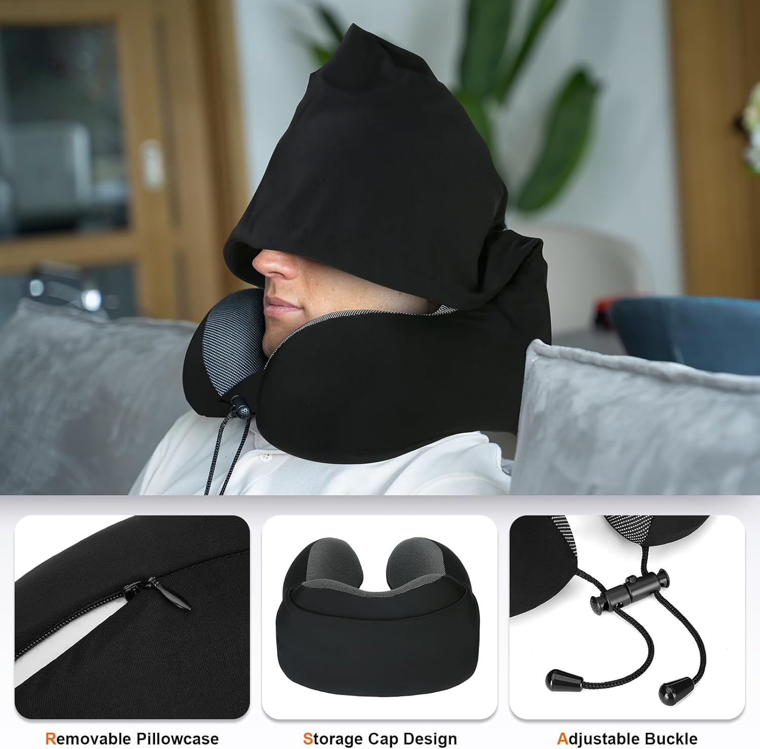 Neck Pillow for Travel, Memory Foam Travel Pillow with Hood, Adult Airplane Pillow for Head Rest Neck Support, Portable Pillow for Office Cars Trains Long Flights Sleeping (Black) - Image 6