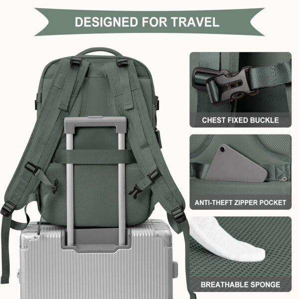 Large Travel Backpack For Women Men, Carry On Backpack,Hiking Backpack Waterproof Outdoor Sports Rucksack Casual Daypack Fit 15.6 Inch Laptop with USB Charging Port Shoes Compartment Olive Green EX - Image 5