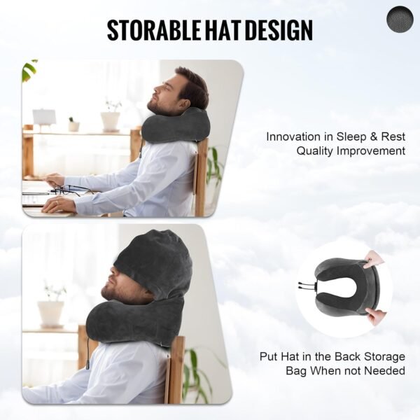 Travel Pillow, Neck Pillow for Travel with Hood for Airplane, Velvet Memory Foam Neck Pillow Adult Head & Neck Support, for Long Flights Plane, Office, Cars Sleeping & Rest (Grey) - Image 3
