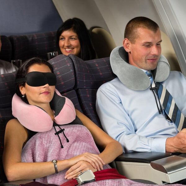 Travel Pillow and Blanket Set Neck Pillows Soft Blankets with Sleep Mask Travel Essentials for Airplane Car Memory Foam Pink - Image 5