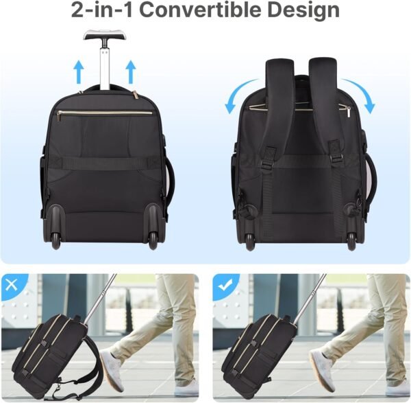 Rolling Backpack for Women, 17Inch Laptop Travel Backpack with Wheels, Under Seat Carry on Luggage Airplane, Overnight Business Trolley Backpack Bag (Elegant Black) (In Patent) - Image 5
