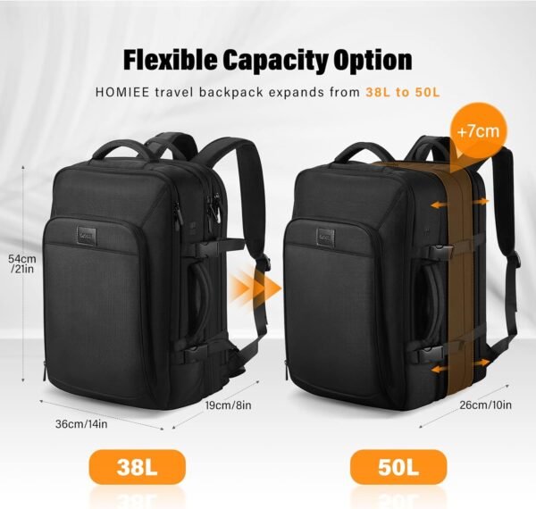 HOMIEE Carry On Luggage 22x14x9 Airline Approved 50L Travel Backpack, Extra Large Expandable Laptop Backpack, Black - Image 3