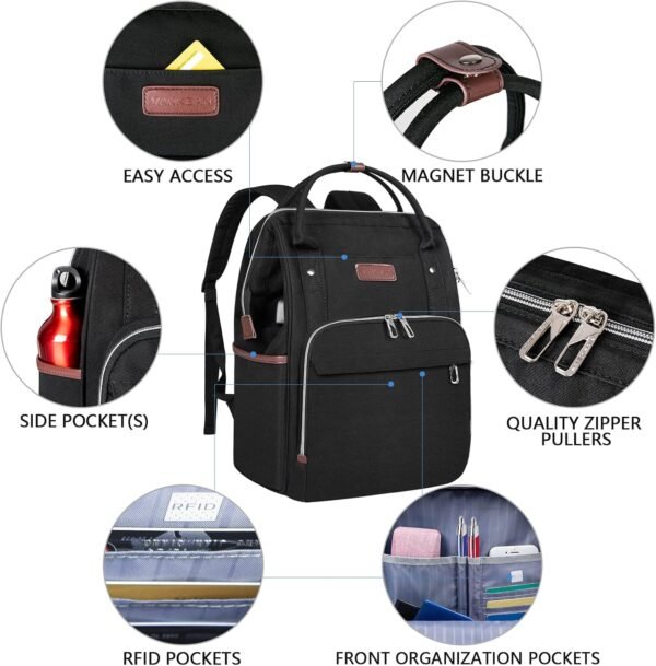 VANKEAN Laptop Backpack for Women Men 15.6-16.2 Inch Stylish Computer Work Backpack, Waterproof College Casual Daypack Business Travel Backpacks with USB Port & RFID Blocking, Black - Image 5