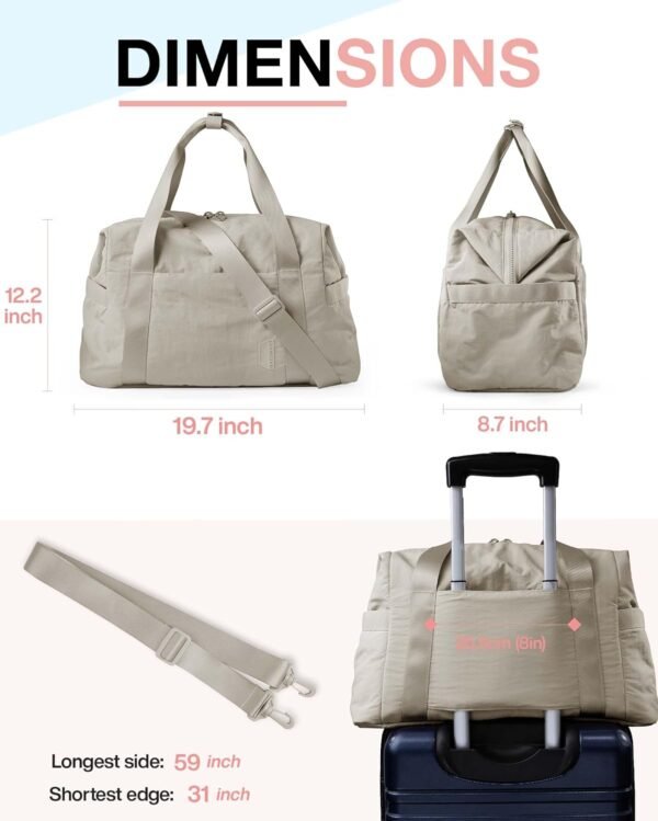 BAGSMART BAGSMART Gym Bag for Women, Carry on Weekender Overnight Bag, Travel Duffel Bags with Trolley Sleeve, Personal Item Travel Bag Tote Bag Workout Dance Bag, Beige-34L - Image 6