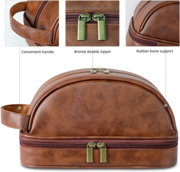 Men Toiletry Bag,Waterproof Dopp kit hygiene bag for travel,leather shaving kit bag for Toiletries Accessories,Organizer for traveling Cosmetic Bag (Brown) - Image 2