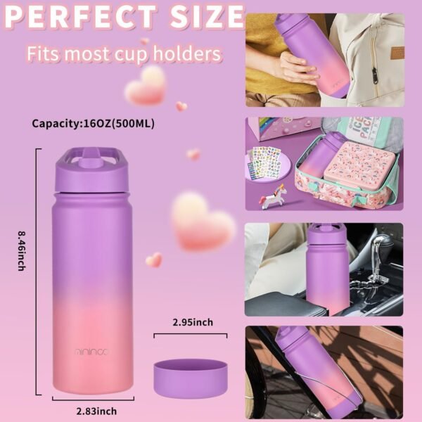 Mininoo Kids Water Bottle for School, 16oz Stainless Steel Insulated Water Bottle Kids with Straw Lid for Girls, Boys (Purple/Pink) - Image 6