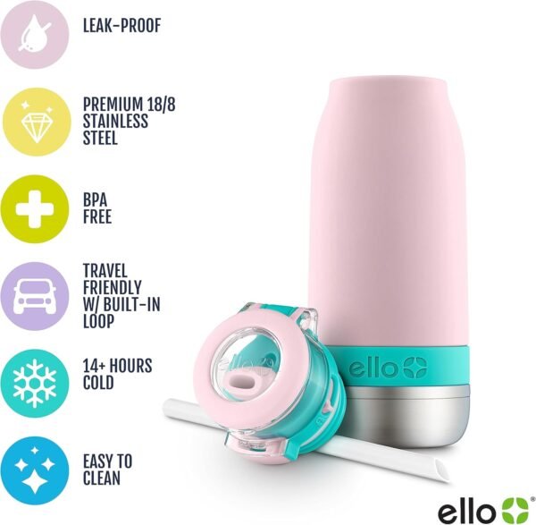 Ello Emma 14oz Vacuum Insulated Stainless Steel Kids Water Bottle with Straw and Built-in Carrying Handle and Leak-Proof Locking Lid for School Backpack, Lunchbox and Outdoor Sports - Image 3