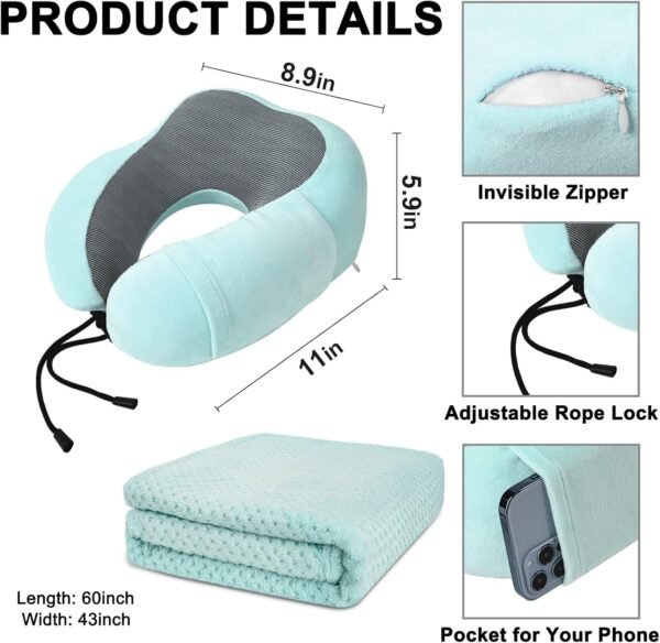 Travel Pillow and Blanket Set Neck Pillows Soft Blankets with Sleep Mask Travel Essentials for Airplane Car Memory Foam Blue Green - Image 4