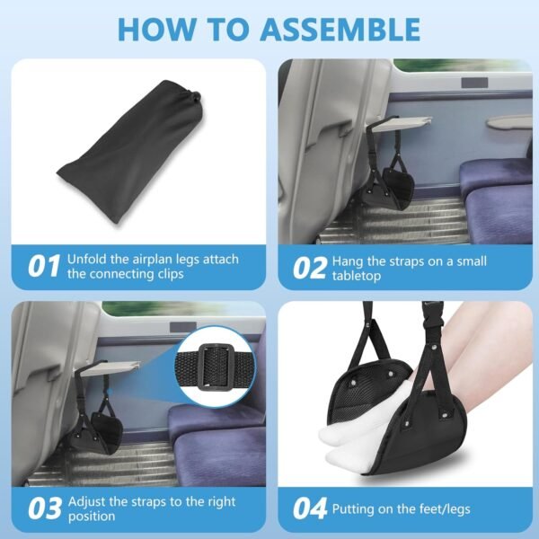 Airplane Foot Hammock (2 Pack), Length Adjustable Airplane Foot Rest, Desk Foot Hammock, Travel Essentials with Eye Mask (2 Pack) and Earplugs(2 Pack), Foot Rest for Long Flight and Office Work. - Image 3