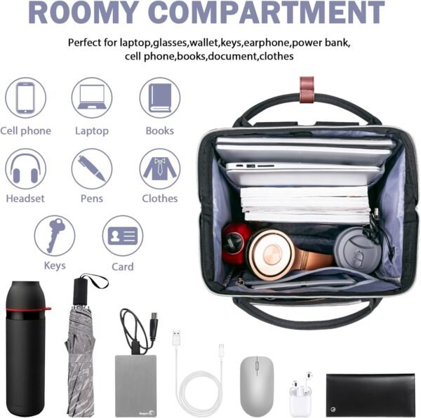 VANKEAN Laptop Backpack for Women Men 15.6-16.2 Inch Stylish Computer Work Backpack, Waterproof College Casual Daypack Business Travel Backpacks with USB Port & RFID Blocking, Black - Image 4
