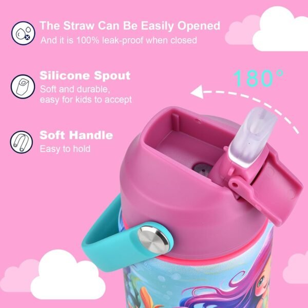 12oz Kids Insulated Water Bottle, Leak-proof Cup With Straws Lids, Kids Water Bottles For School Boys Girls, Stainless Steel Vacuum Insulated Bottle For Kids Children (Mermaid) - Image 4