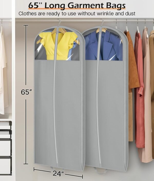 MISSLO 65" Foldable Garment Bags for Travel Waterproof Dress Bags for Gowns Long for Closet Storage Dress Protector Bag for Gowns, Suits, Coats, Grey, 2 Packs - Image 3