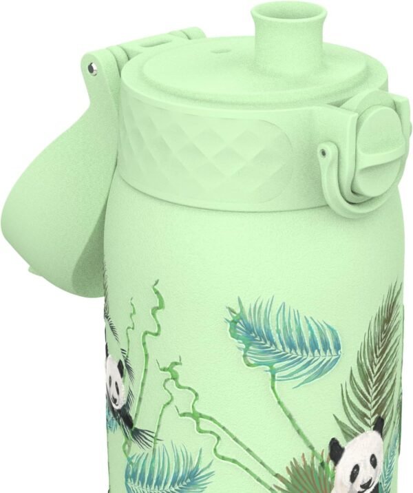 Ion8 Kids Water Bottle, Steel 400 ml/13 oz, Leak Proof, Easy to Open, Secure Lock, Dishwasher Safe, Flip Cover, Carry Handle, Easy Clean, Durable, Metal Water Bottle, Raised Print, Pandas Design - Image 3