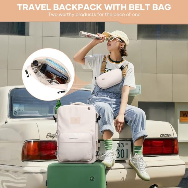 Maelstrom Travel Backpack for Men Women, 35L Carry on Backpack for Traveling on Airplane,with Belt Bag&Shoe Compartment,Waterproof Laptop Backpack fit 17”Laptop-Beige, Large - Image 2