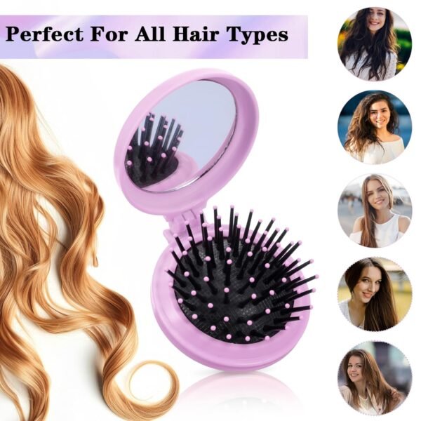 2Pcs Folding Brush with Mirror Travel Size Hair Brush Round Mirror Pocket Hair Brush Portable Pop Hairbrush for Women Travel Purse Small Compact Hair Massage Comb(Pink, Purple) - Image 7