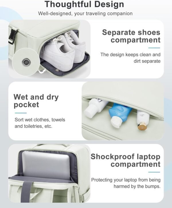 VECAVE Travel Laptop Backpack for Women Men, Flight Approved Backpack, Waterproof Sports College bag Casual Daypack for Weekender Carry on Overnight Bag with Shoe Compartment White - Image 8