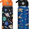 18oz Kids Insulated Water Bottle with Straw Lid - 18/8 Stainless Steel Kid Cup BPA-FREE Travel Tumbler Double Wall Vacuum Leak Proof Portable Toddler Water Bottle (Space + Car)