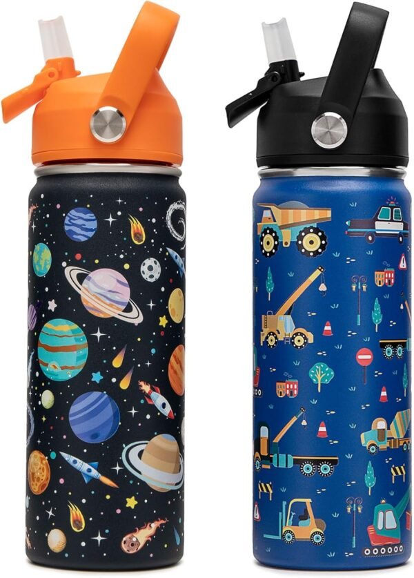 18oz Kids Insulated Water Bottle with Straw Lid - 18/8 Stainless Steel Kid Cup BPA-FREE Travel Tumbler Double Wall Vacuum Leak Proof Portable Toddler Water Bottle (Space + Car)