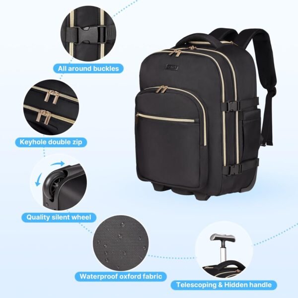 Rolling Backpack for Women, 17Inch Laptop Travel Backpack with Wheels, Under Seat Carry on Luggage Airplane, Overnight Business Trolley Backpack Bag (Elegant Black) (In Patent) - Image 8