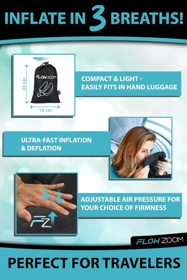 AIR Inflatable Travel Pillow - Hooded Neck Pillow Airplane - Travel Neck Pillow - Car & Plane Pillow - Airplane Pillow for Long Flight - Inflatable Neck Pillow for Traveling on Plane - Black - Image 4