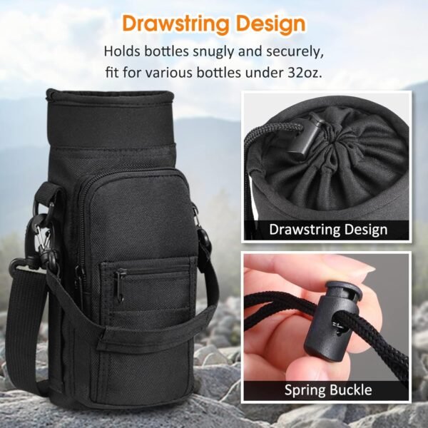 SITHON Water Bottle Carrier Bag with Adjustable Shoulder Strap, Sports Water Bottle Sling Case Holder Sleeve Pouch with 2 Pockets/Hand Strap for Hiking Travelling School Camping (Black) - Image 3