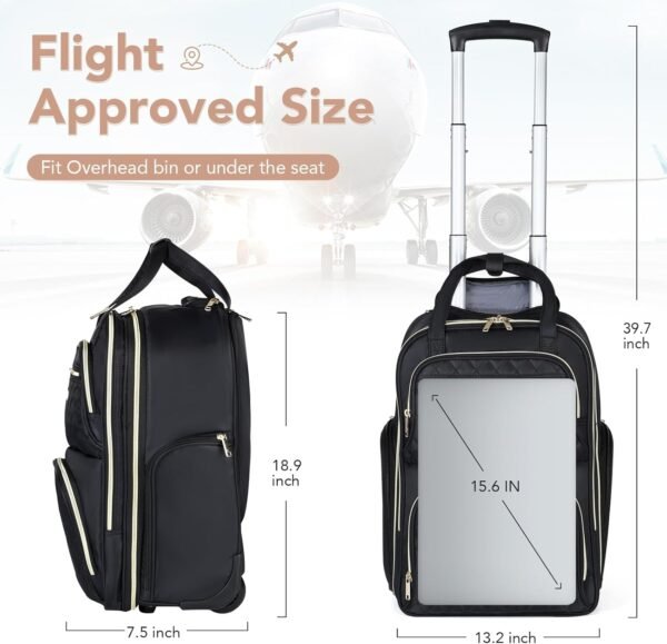 Rolling Backpack for Women - Travel Backpack with Wheels, 15.6 Inch Laptop Wheeled Backpack, Carry on Trolley Suitcase Black Computer Bag for Adults Business College Work Overnight - Image 5