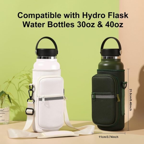 Water Bottle Holder with Strap for Hydro Flask Wide Mouth 32oz & 40oz, Water Bottle Carrier Sling Bag with Phone Pocket, Gym Bottle Accessories, Water Bottle Bag for Walking Hiking Travel-Gray Green - Image 2