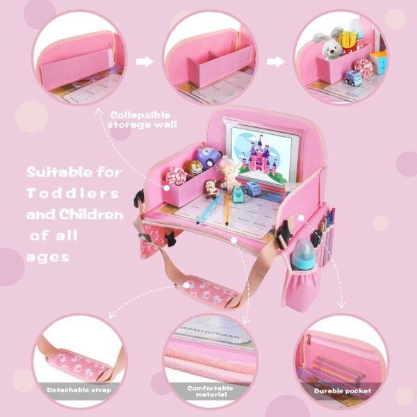 Kids Travel Tray for Toddler Car Seat, Lap Tray for Girl Activities with Dry Erase Board & Cooler Cup Holder, Road Trip Essentials Accessories with No-Drop Large Tablet iPad Holder Stand,Pink - Image 4