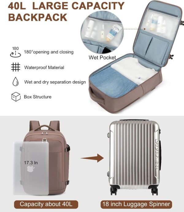 RDTGO Travel Backpack For Women, 40L Carry-On Backpack, Airline Approved Personal Item Bag, Waterproof Laptop Backpack with Large Duffel, Casual Daypack for Buisness Gym Weekend Hiking (Brown) - Image 2