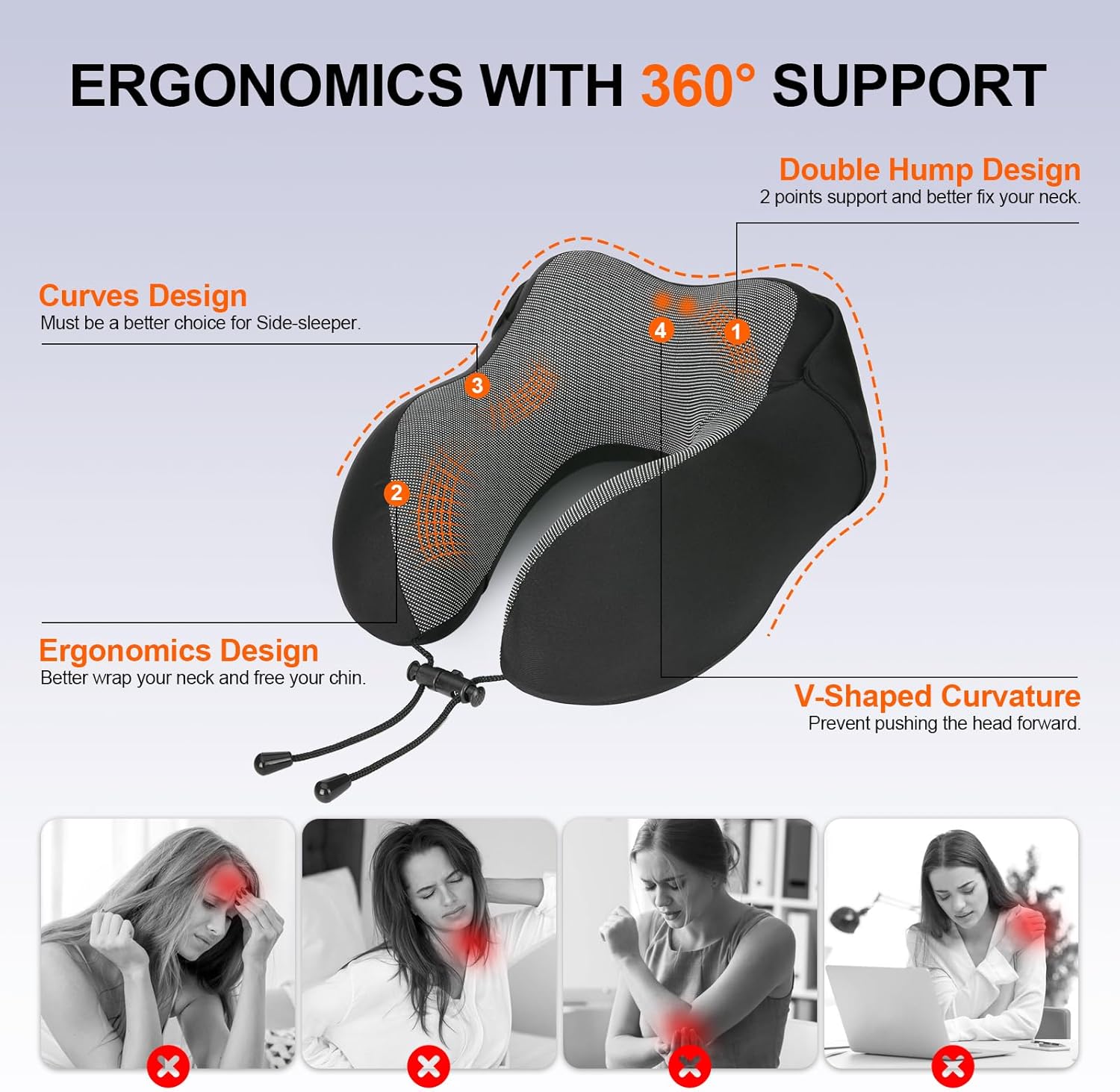 Neck Pillow for Travel, Memory Foam Travel Pillow with Hood, Adult Airplane Pillow for Head Rest Neck Support, Portable Pillow for Office Cars Trains Long Flights Sleeping (Black) - Image 2