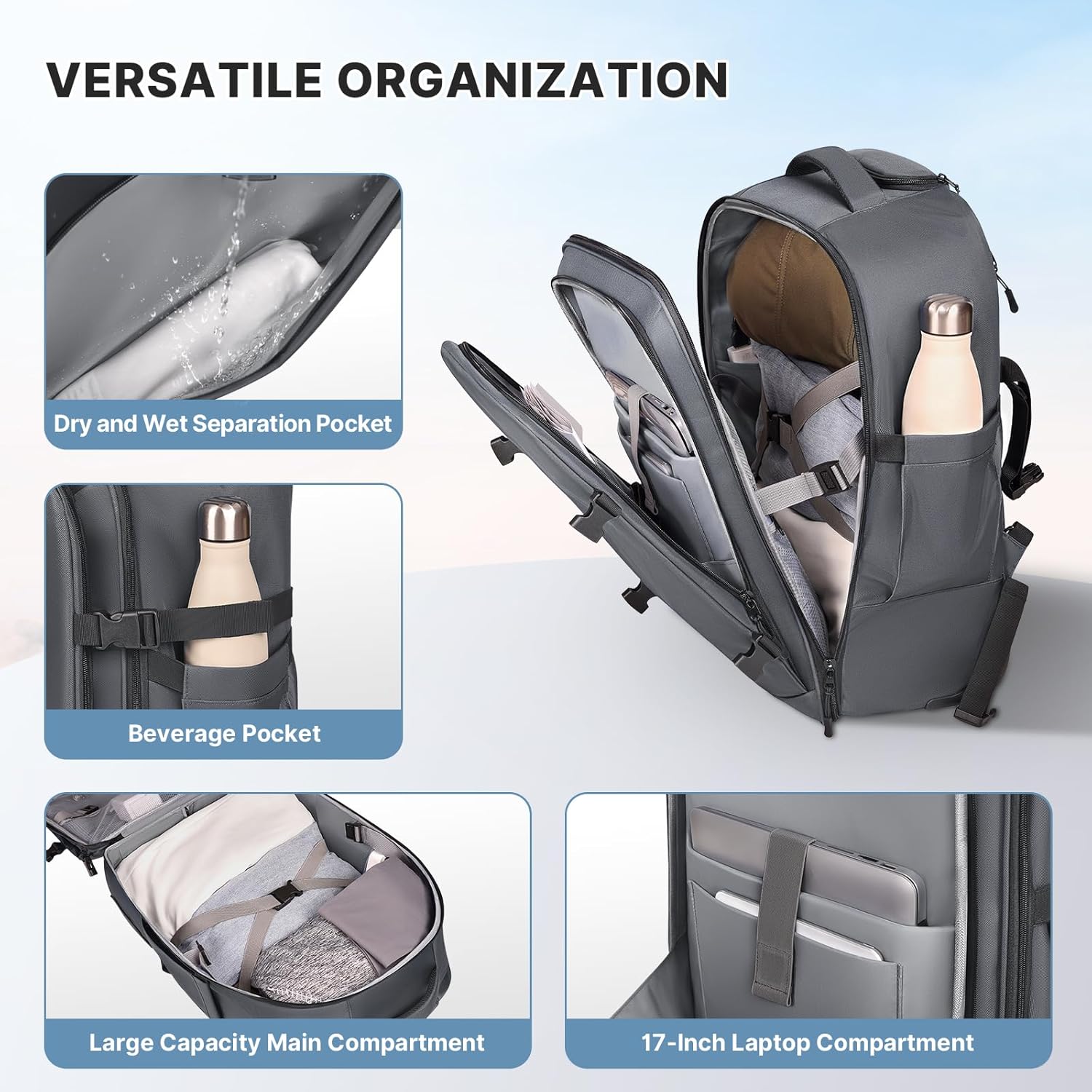 Rolling Backpack for Women Men, Carry on Luggage Travel Backpack with Wheels for Adults, 40L Airline Rolling Laptop Bag, 17 Inch Laptop Trolley Backpack for Overnight Travel Business (Gray) - Image 3