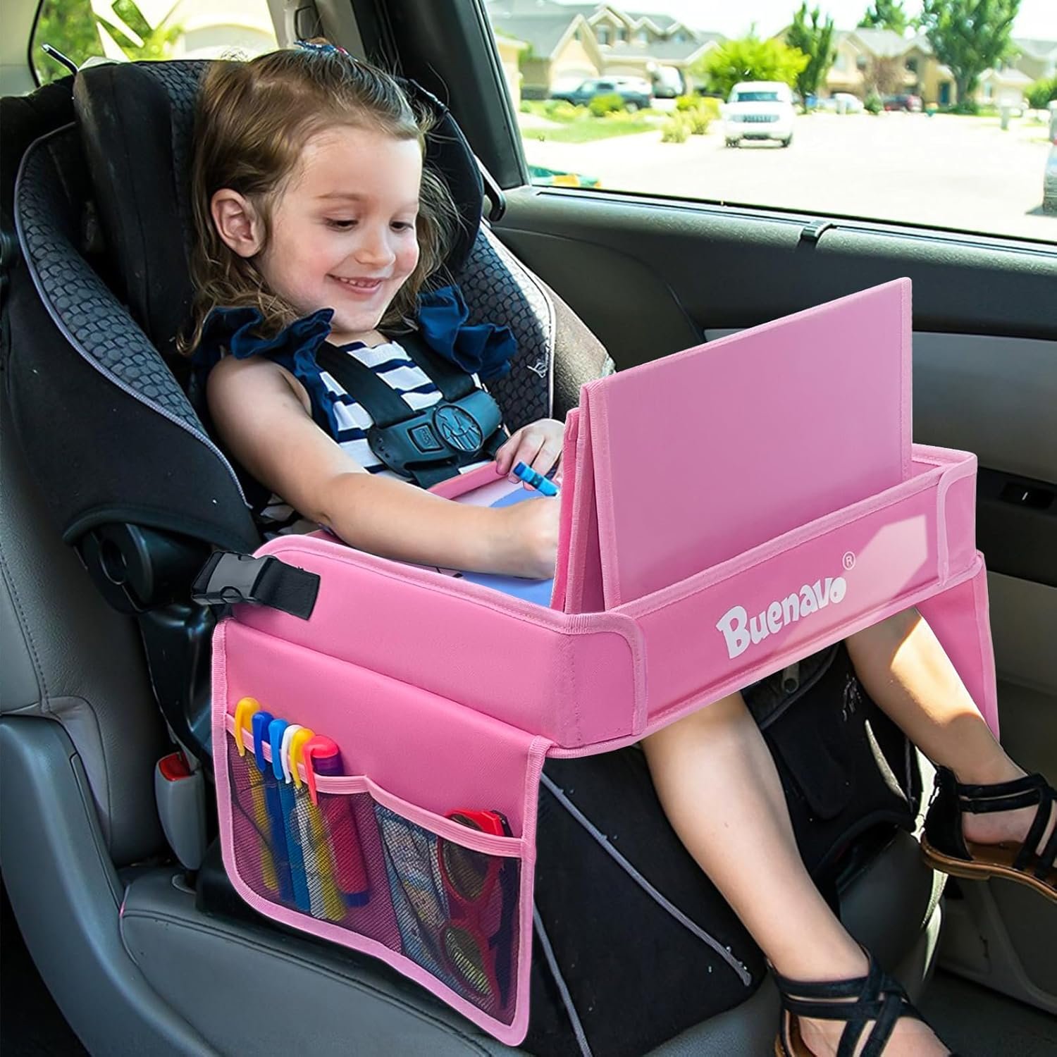 BUENAVO Kids Travel Tray Car Seat Organizer for Kids Toddlers Activities in Car Seat Travel and Road Trip Essentials Kids Pink - Image 2