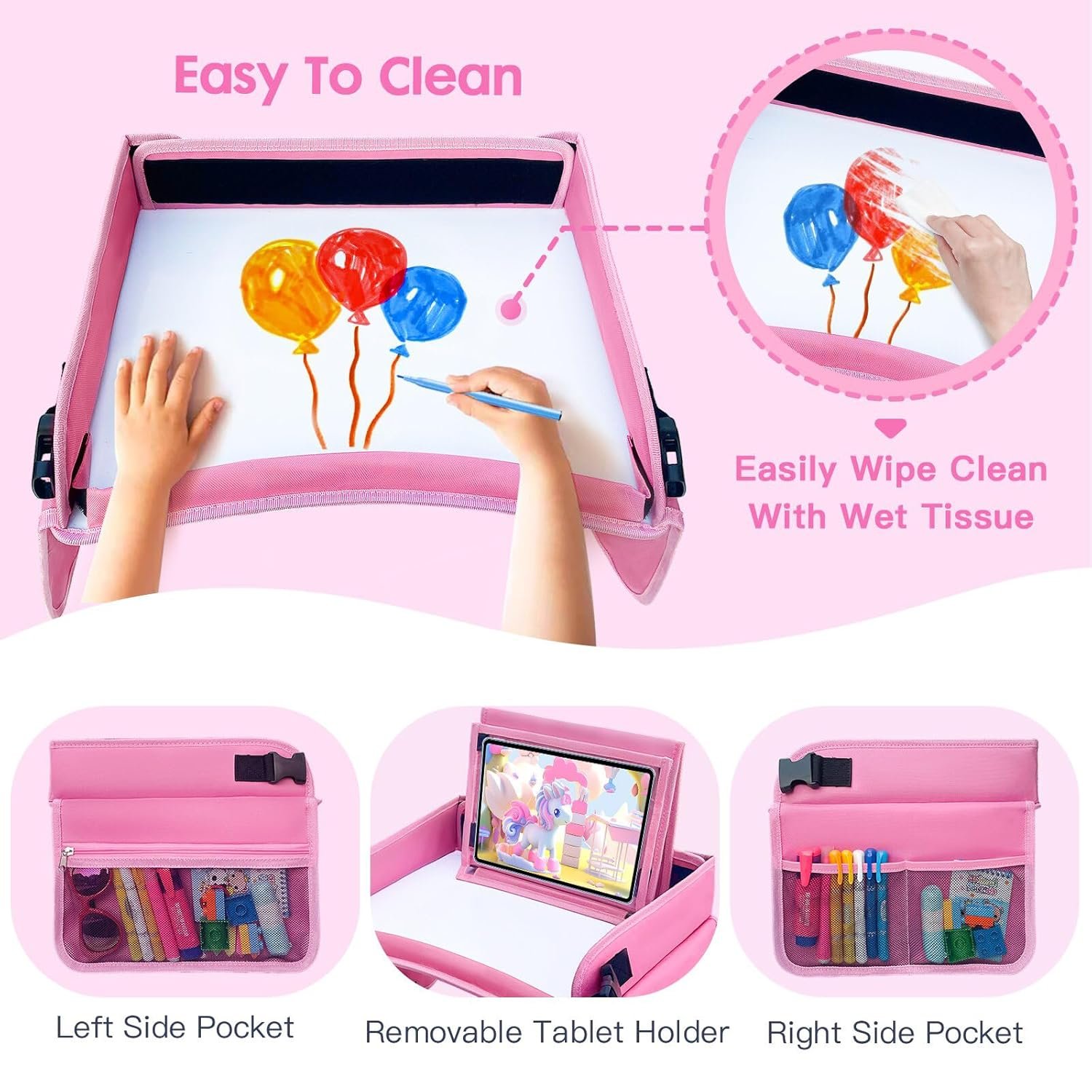 BUENAVO Kids Travel Tray Car Seat Organizer for Kids Toddlers Activities in Car Seat Travel and Road Trip Essentials Kids Pink - Image 4