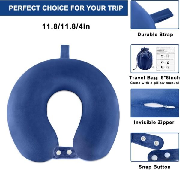 Travel Neck Pillow Airplane, Soft Memory Foam Support Head Neck Chin, with Removale Cover and Adjustable Snap Button, Comfortable Sleeping in Plane Car Train Traveling Office Home, Blue - Image 4
