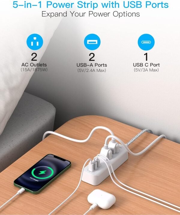 Cruise Essentials, USB C Travel Power Strip, Flat Plug Power Strip with 2 Outlets 3 USB Ports (1 USB C), 5ft Extension Cord Charging Station, Non Surge Protector for Cruise Ship, Travel, Home - Image 3
