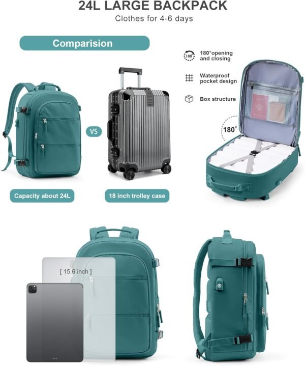 Travel Backpack for Women,United Airlines Carry on bags Travel Bag Flight Approved, with USB Charging Port, Waterproof Travel Essentials, Forest Green - Image 2