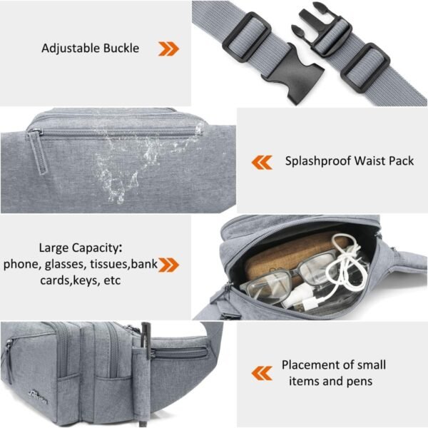 Fanny Pack for Men Women Waist Bag with Water Bottle Holder Waterproof Crossbody Belt Bag with Adjustable Strap for Travel Hiking Running Outdoor Sports (Grey) - Image 4