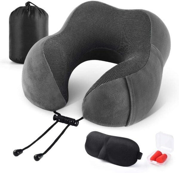 Travel Pillow 100% Memory Foam Pillow, Neck Pillow for Airplane, Neck & Head Support Pillow for Sleeping Rest & Car, Travel Pillows Kit with Storage Bag, Sleep Mask and Earplugs Dark Grey