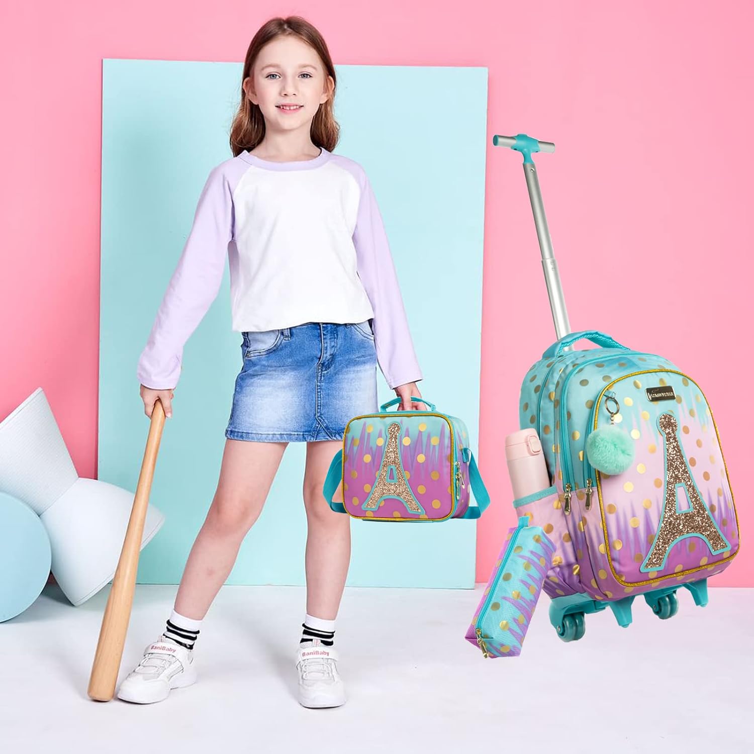 Egchescebo School Bags Kids Rolling Backpack for Girls Kids Luggage Suitcase With Wheels - Image 6